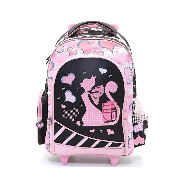 Bonito bolso escolar personalizado de 4 ruedas para niños con carrito para niñas