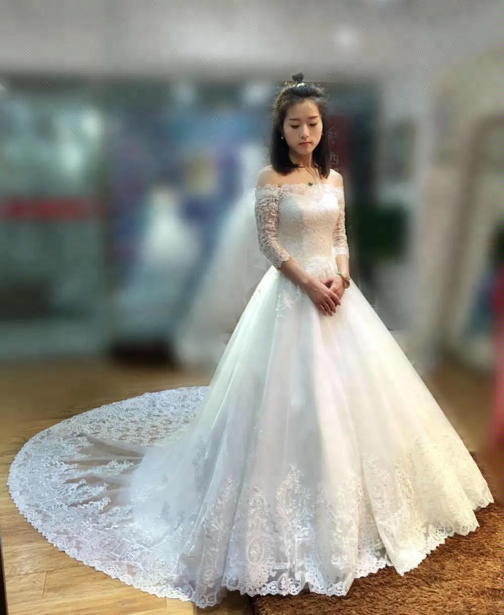 오프 숄더 신부 웨딩 드레스 아이보리 Tulle 파키스탄 가운 레이스 헴 하프 슬리브 웨딩 드레스