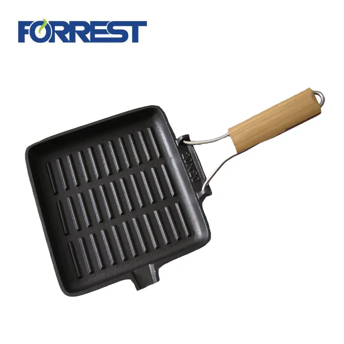 Frigideira de ferro fundido para fritar, frigideira quadrada com alça de madeira removível
