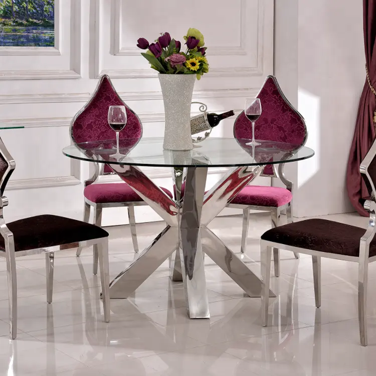 Mesa redonda pequeña de acero inoxidable con marco de cristal templado chino para comedor