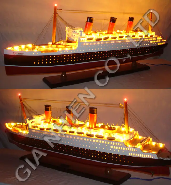 QUEEN MARY 2 MIT LICHTER HOLZ KREUZFAHRT-MODELL SCHIFF