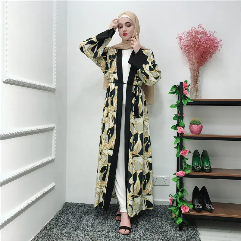 Vestido alça manga longa feminino, vestido islâmico roupas floral moderno abaya 2019