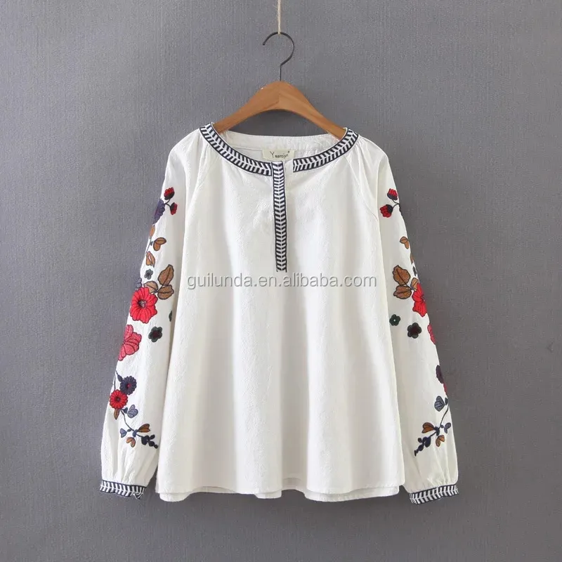 Nieuwe Vrouwen Mode Alle-Match Folk Stijl Overhemd Geborduurde Bloemen Lady Top Casual Shirt