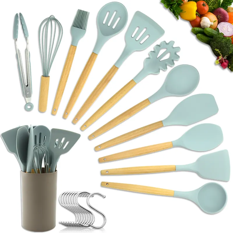 Utensilios de silicona con mango de madera para cocina, juego de utensilios de cocina, 12 Uds.