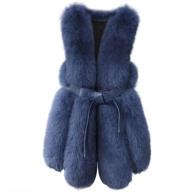 Mao Mao Fur Wholesale Luxury Winter Warm Womens Vest Fur Genuine Fox Belt Thick Vest Fur Coat