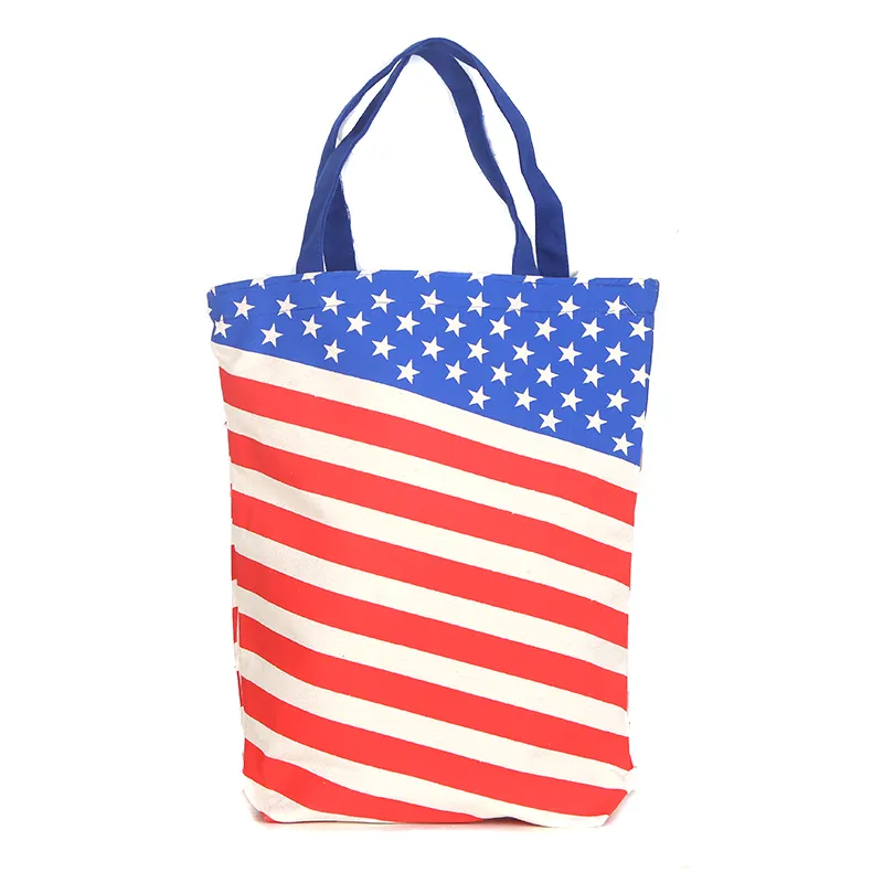 Sacola de compras com bandeira americana promocional de algodão reutilizável ecológico personalizada, sacola de compras com bandeira americana, 2024
