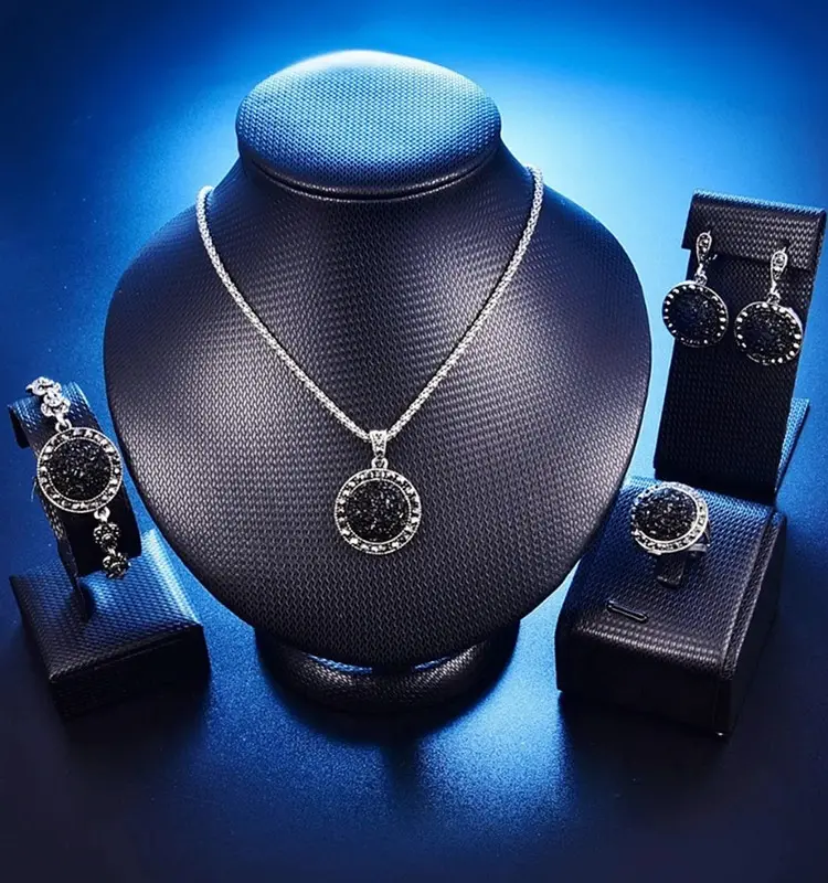 2019 boêmio preto quebrado pedra colar brincos pulseira, conjunto vintage strass conjunto de jóias