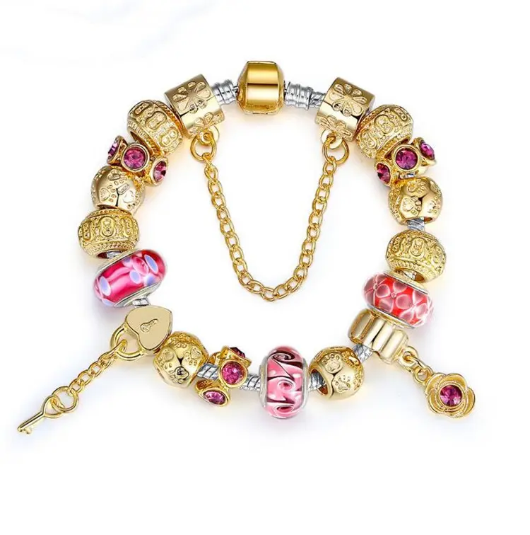 Pulseira de vidro para meninas, pulseira banhada a ouro com chaveiro floral com lâmpada murano, venda direta de fábrica