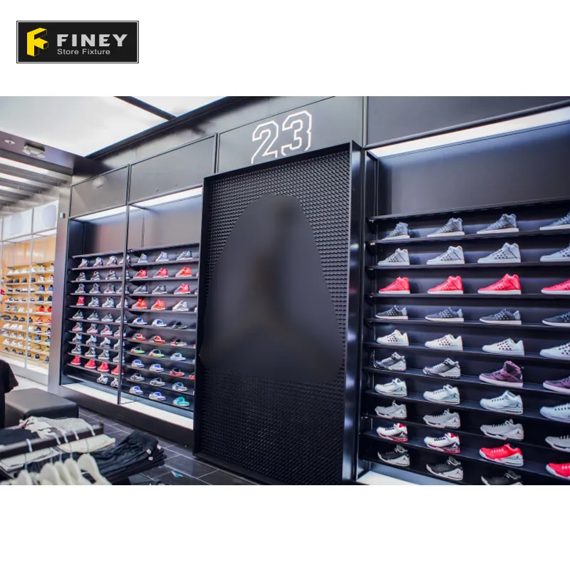 OEM tedarikçisi özelleştirilmiş spor giyim mağazası tasarım fabrika doğrudan satış basketbol ayakkabısı vitrin rafı