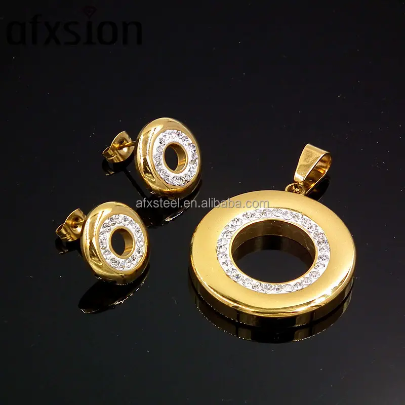 Conjuntos de joyería de moda de oro de Dubái para mujer, juegos de joyas circulares de acero inoxidable con diamantes chapados en oro de 18K para mujer