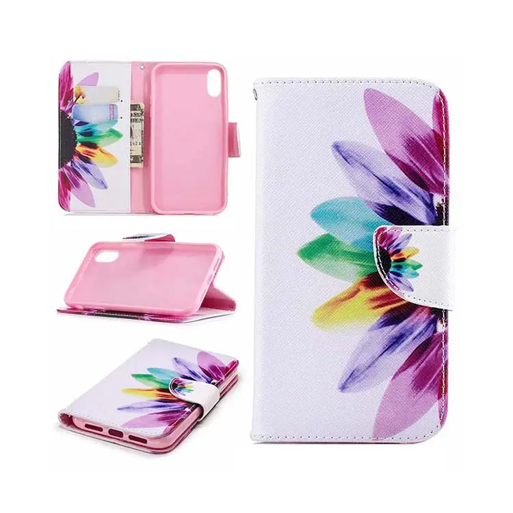 Half Flower OEM Printed Phone Cover For iPhone X Beautiful Case Cover For iPhone X Luxury Genuine Leather Flip Wallet Case