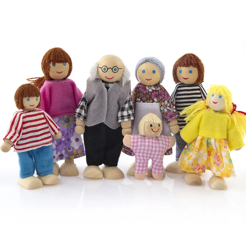 7 piezas de muñecas familiares para niños pequeños, juguetes para niñas, juego encantador, figuras de madera, casa de muñecas para niños, regalo de imitación, familia de muñecas de madera