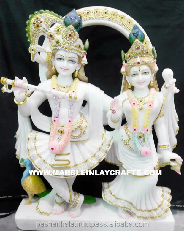 Dio e dea in marmo bianco Makrana puro dipinto a mano in oro Radha Krishna posizione di ballo bella statua