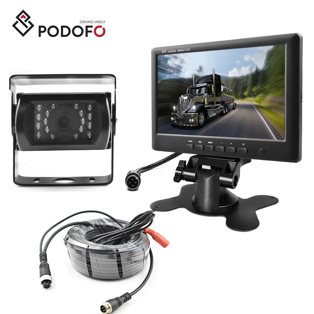 Podofo-moniteur de recul de voiture avec écran LCD 7 ", connecteur à 4 broches, caméra de sauvegarde inversée pour véhicule avec câble de 15M, pour caravane de RV, camping-cars