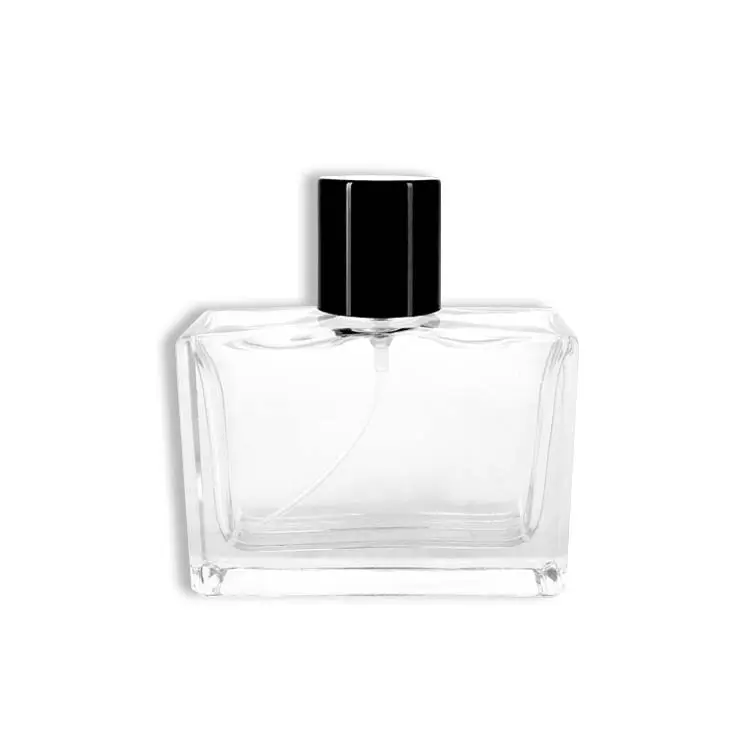 Botella de Perfume de vidrio, botella vacía rectangular con tapa negra, 40ml