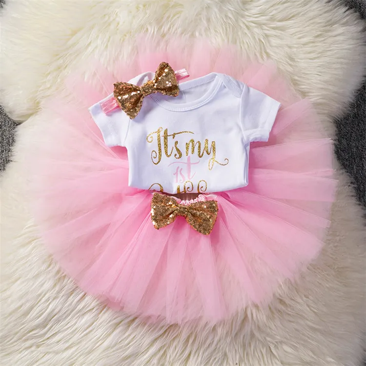 Baby Girls 1st Birthday Romper Bodysuit Tutu Skirt Set Newborn Baby Girl Clothes One Years Dress