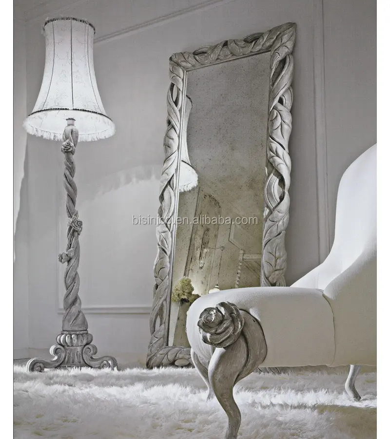 Espejo de tocador de pie con diseño de hojas adornado, espejo de pared enmarcado de tallado antiguo elegante