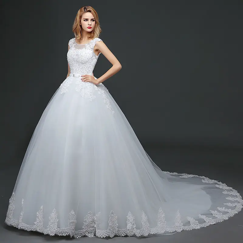 Mới Đến Hàn Quốc Đôi Vai Wedding Dresses Dài Train Cổ Điển Ren Lên Bridal Dress Gowns Cưới