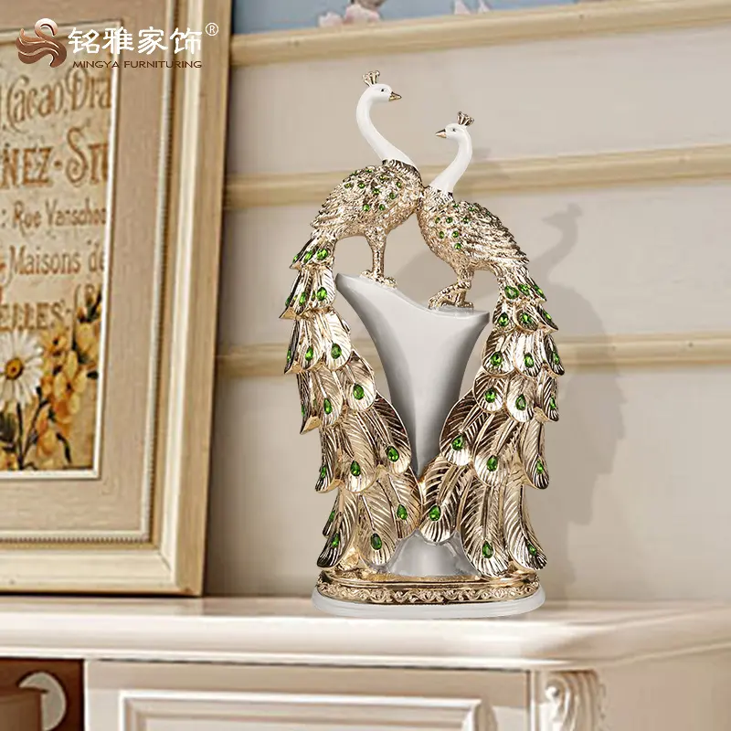 Decorazione domestica della scultura animale della statua del pavone gemello dell'oro rosa della resina di nuovo disegno