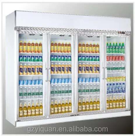 4サイド4ドアスーパーマーケットガラスディスプレイ冷蔵庫、飲料直立ディスプレイクーラー、コールドドリンクショーケース