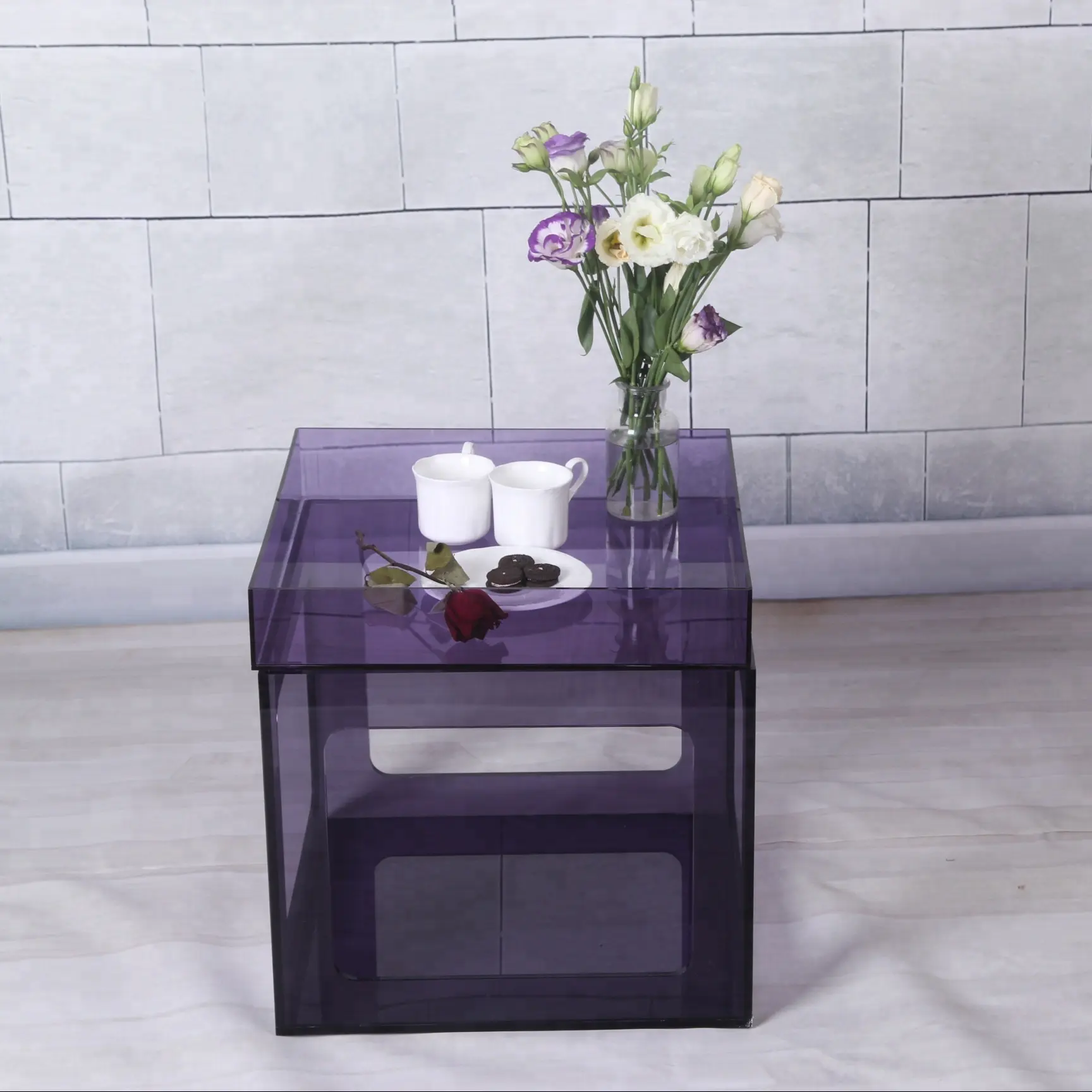 Уникальный дизайн кубической формы фиолетовый цвет акриловый журнальный столик с корзиной для хранения