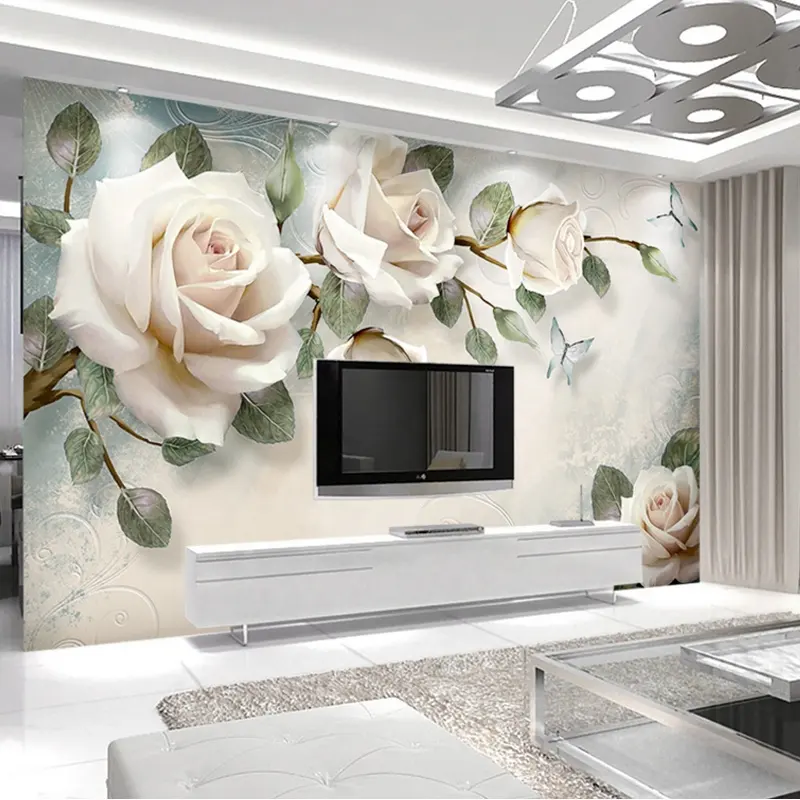 Papel tapiz 3D con diseño de flores rosas blancas, murales de pared, papel tapiz real romántico y cálido, para hoteles