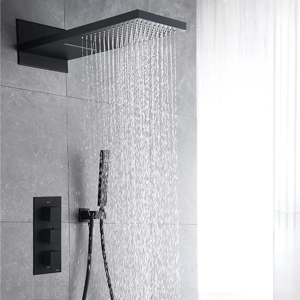 Ensemble de douche à effet pluie en laiton noir moderne Salle de bain Robinet de douche