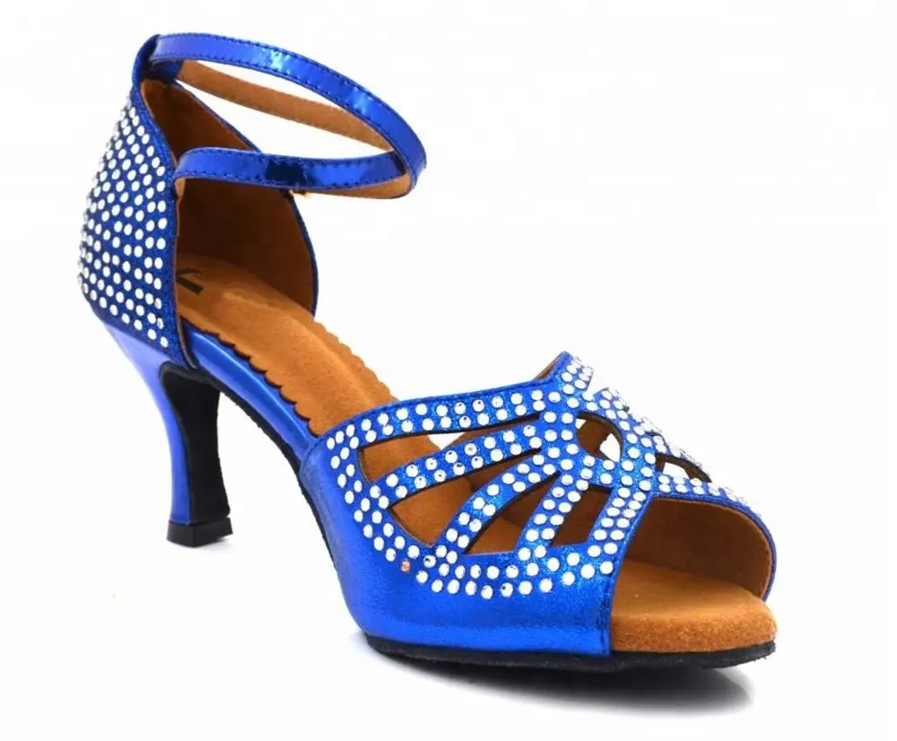 Evk086 sapatos femininos de cristal, feito à mão, alta qualidade, para festa salsa, para dança, cor azul, cetim, diamante, salto inteiro 7cm