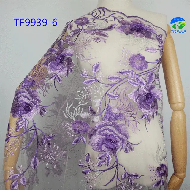 Tela de encaje francés púrpura, flor fabrirc, 3d, para fiesta nigeriana, superventas