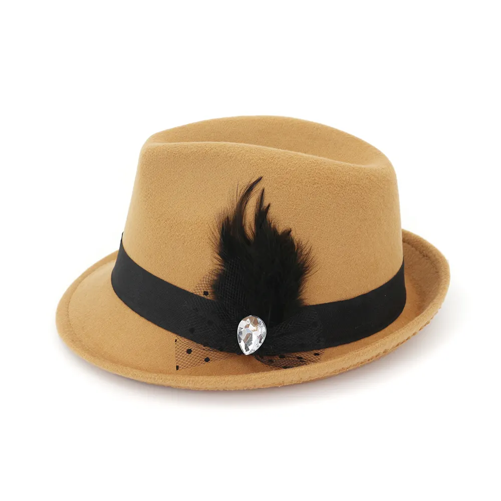 Men's And Women's up brim boater Fedora Felt Hat With Feathers