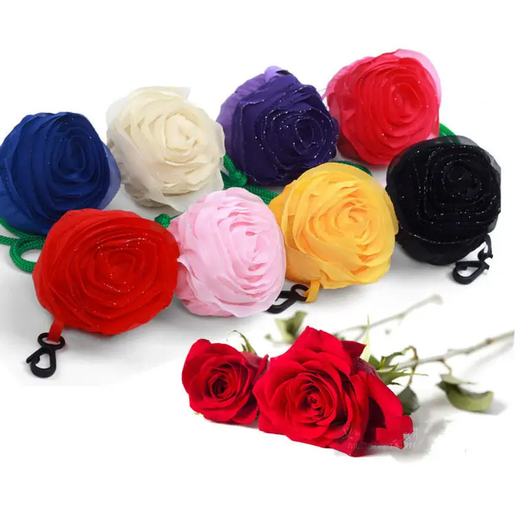 Custom reusable durable tragbare rose blume form druck 190 t polyester falten einkaufstasche