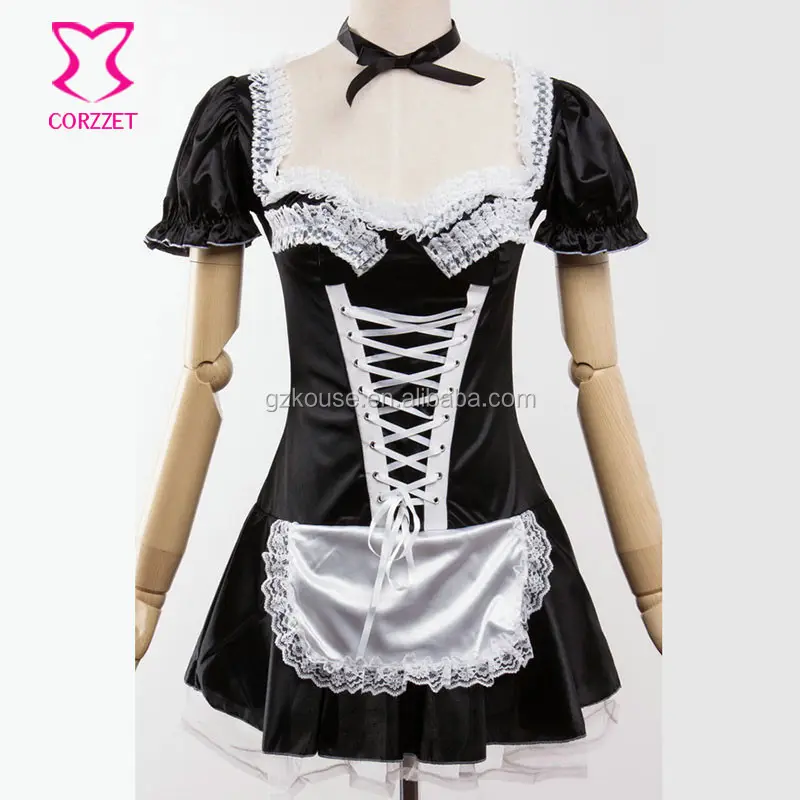 Corzzet-Disfraz de uniforme de mucama para Halloween, Sexy, satinado, negro