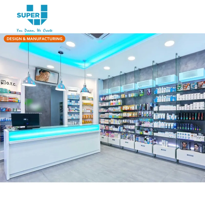 Diseño moderno de muebles de tienda médica, solución de fijación de exhibición de farmacia, venta al por menor, mobiliario de exhibición de tienda médica