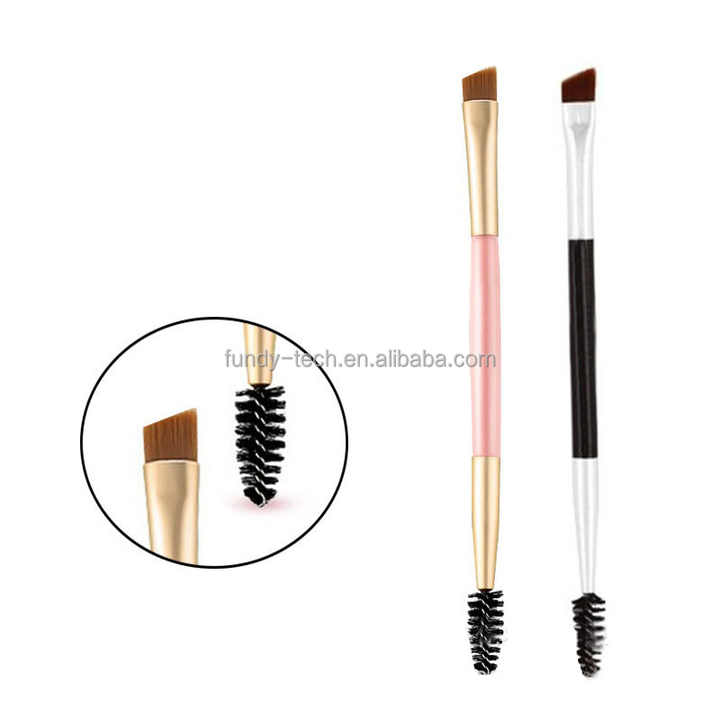 Brosse à sourcils à double extrémité de haute qualité, brosse à sourcils angulaire, brosse à sourcils à poils synthétiques végétaliens à poignée dorée
