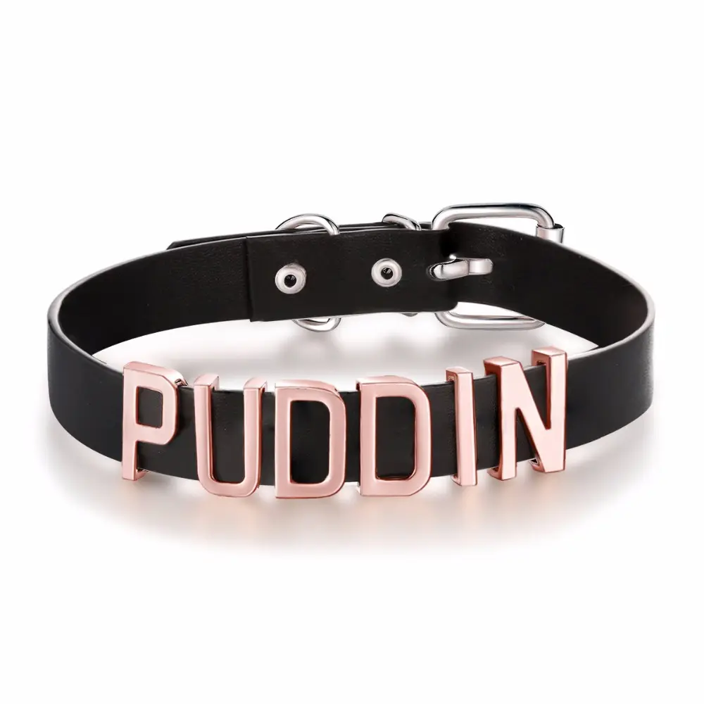 Collar de escuadrón suicida Punk para mujer, gargantilla de cuero, collar de PUDDIN chapado en oro rosa para mujer