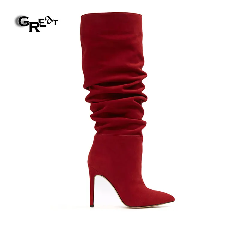 Seksi kırmızı süet çizmeler Stiletto dalgalı ayakkabı Sude diz yüksek çizmeler kadın sivri tboots yüksek topuk çizmeler