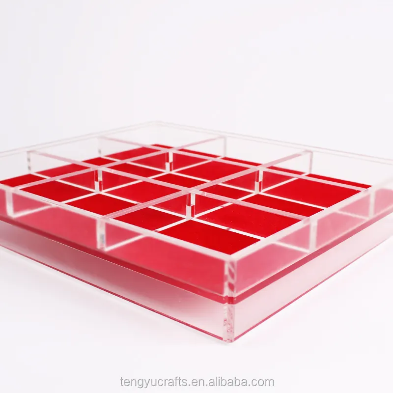 Cube carré plexiglas lucite grand comptoir vitrine/gemme acrylique bijoux présentoir avec diviseurs tampon rouge