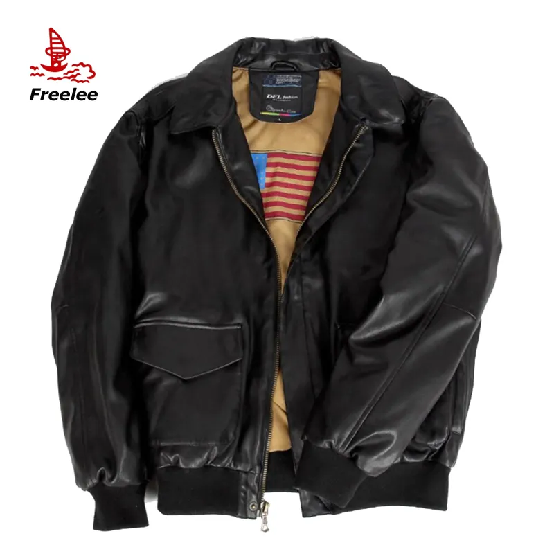 Chaqueta de vuelo de cuero PU de alta calidad A2, chaqueta bomber de cuero personalizada para hombre