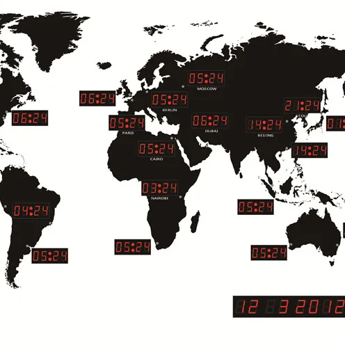एलईडी विश्व मानचित्र समय डिजिटल दीवार घड़ी