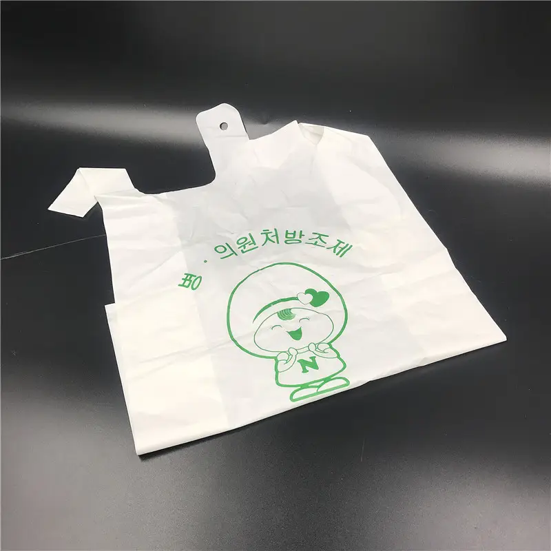 A buon mercato 100% biodegradabile compostabile stampato borse della spesa da portare via amido di mais t-shirt sacchetti di imballaggio per alimenti