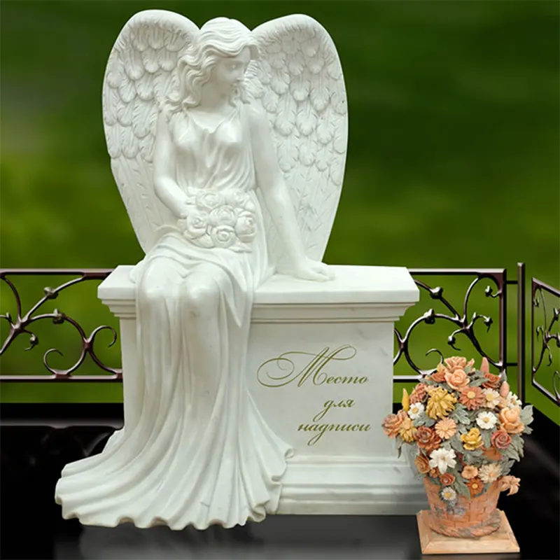 Kerkhof Elegante Zitten Wit Marmer Angel Grafsteen voor Koop