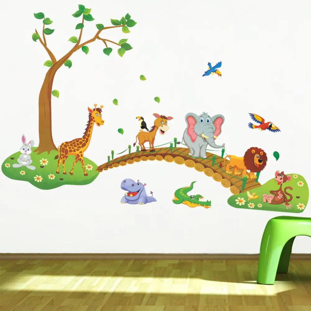 3D Cartoon Jungle animale selvatico albero ponte leone Giraffa elefante uccelli fiori wall stickers per la camera dei bambini soggiorno a casa decor