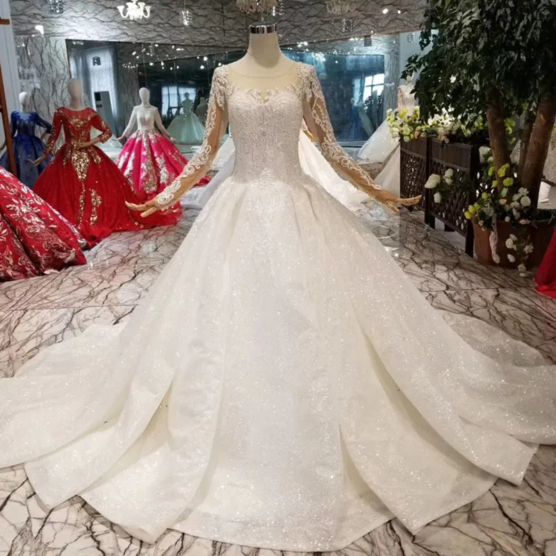 Jancember HTL062 लक्जरी फीता कपड़े के लिए नवीनतम डिजाइन लंबी आस्तीन शादी की पोशाक दुल्हन आइवरी शादी का गाउन