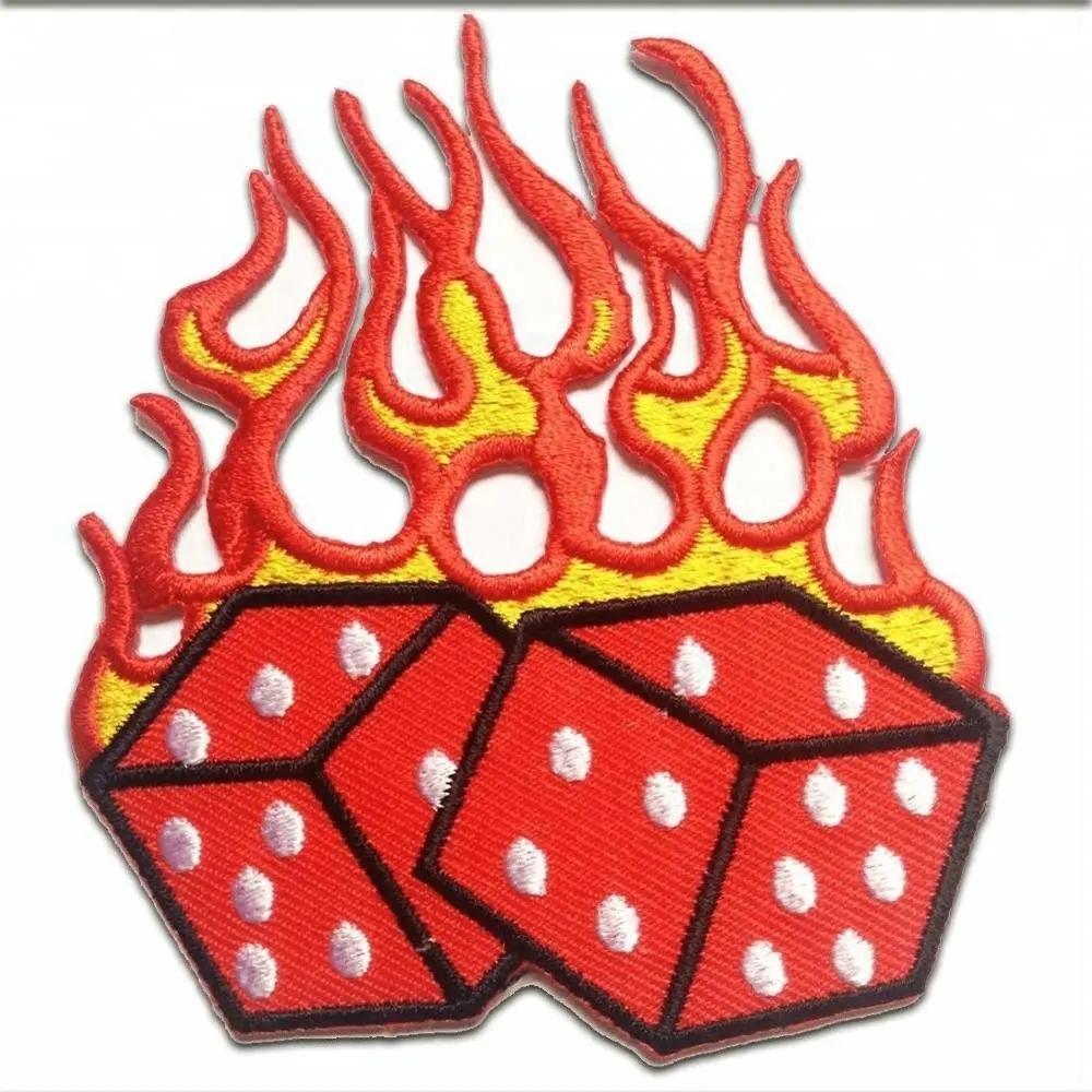 Iron on patches - dice with flames - red - 7.5x8.7cm - by catch-the-patch Application Embroidery patch badges