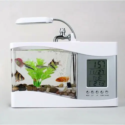 Aquarium LED en acrylique mini, horloge LCD de bureau avec port USB, alarme d'eau de course, calendrier, porte-stylo