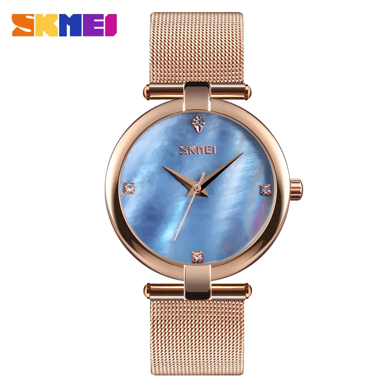 Elegante fantasía azul del reloj SKMEI 9177 diseño su propio reloj cara última relojes de diseño para las damas de acero inoxidable resistente al agua 30m
