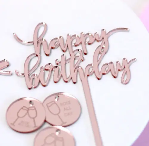 Happy Birthday Acrylic Cupcake Topper, Rose Gold Mirror Birthday Cake Supplies Decorations