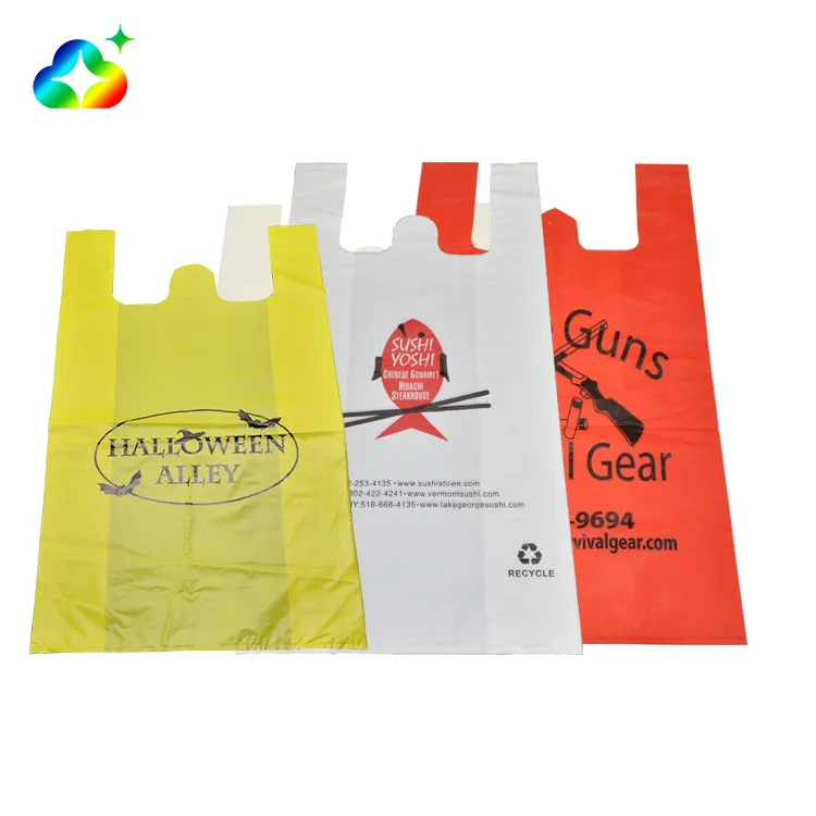 Bolsa de la compra de plástico biodegradable con impresión de logotipos personalizados al por mayor con asa de camiseta