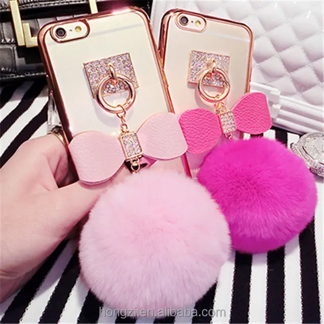 Leuke 3D Bunny Haar Fluff Pompom Sleutelhanger Bont Telefoon Case Back Cover Voor Iphone 5 5S 6 6S plus 7 7 Plus Gevallen Shell Tas
