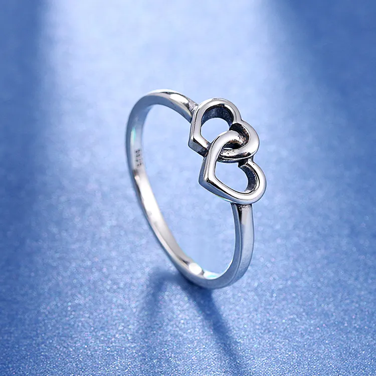 Diseño de anillo de corazón a corazón de Plata de Ley 925 oxidado para niñas